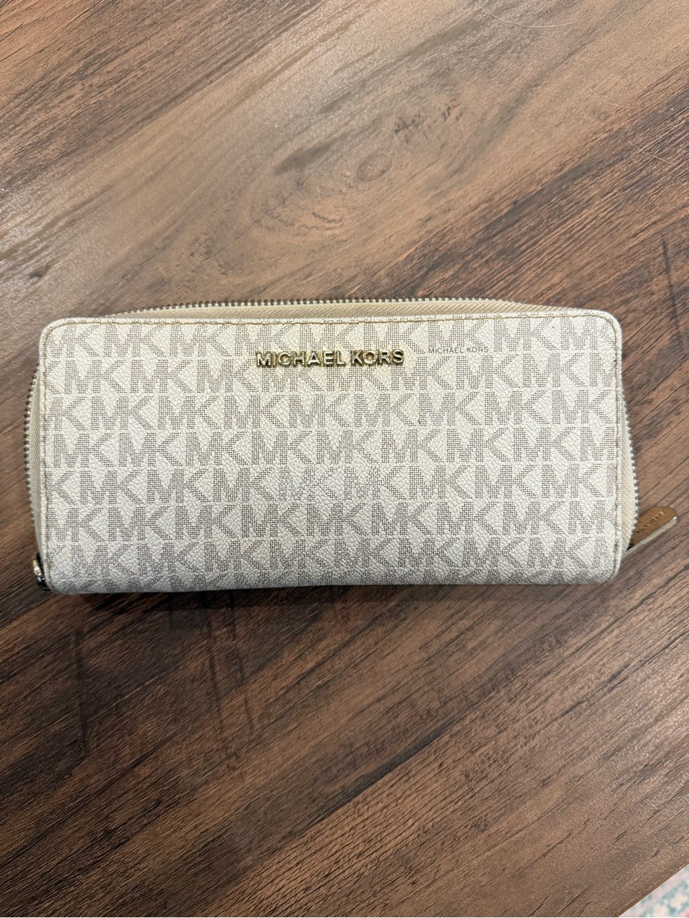 Michael Kors Light Beige Signature MK Zip Wallet with Gold Logo